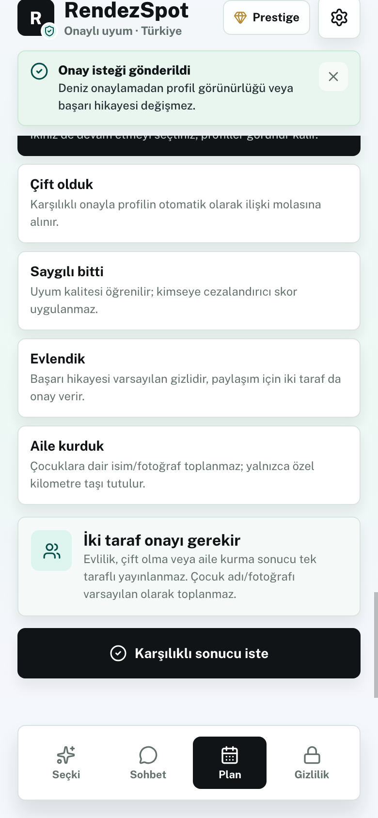 RendezSpot ilişki sonucu ekranı