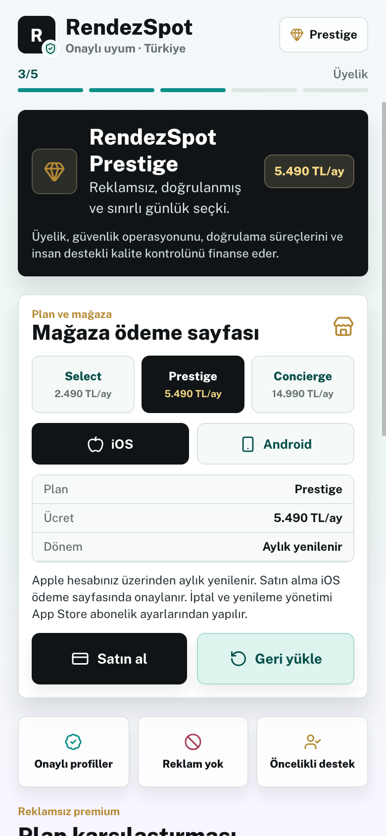 RendezSpot Prestige satın alma ekranı